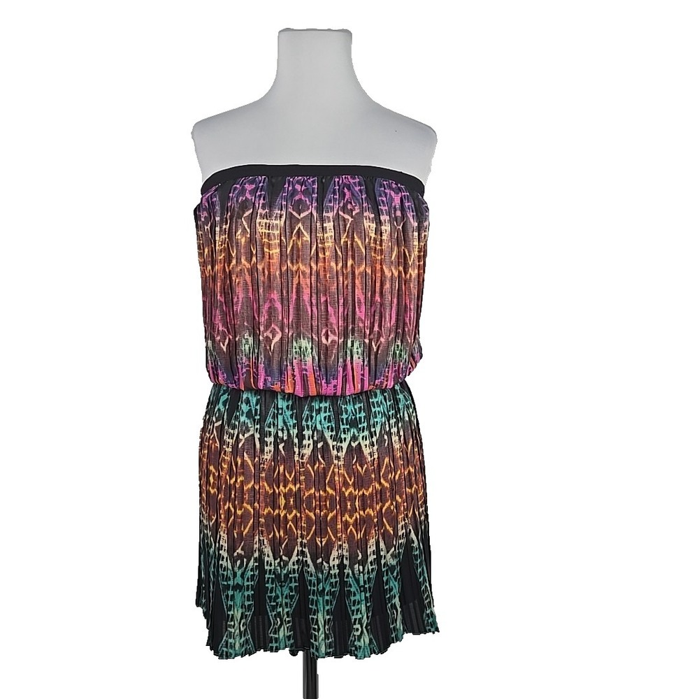 BCBG Matte-Satin Pleated Print Strapless Mini Dress Small S (TAJA GLD CANARY C)